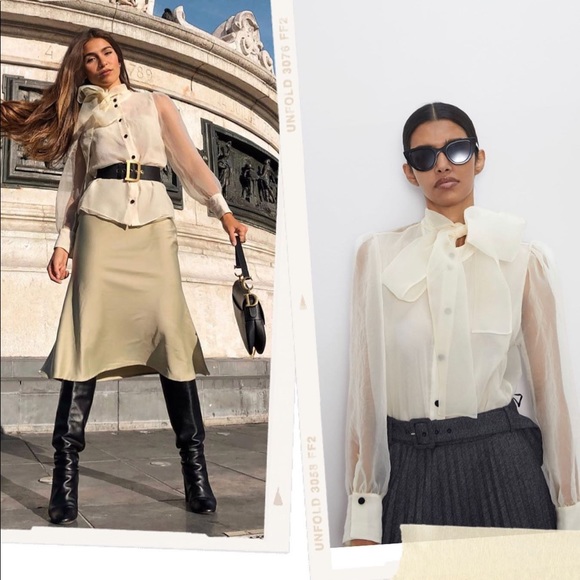 ZARA NEW WOMAN SEMI-SHEER ORGANZA BLOUSE WITH BOW TOP VANILLIA XS-XXL 8303/832 ZARA NEW WOMAN SEMI-SHEER ORGANZA BLOUSE WITH BOW TOP VANILLIA XS-XXL 8303/832